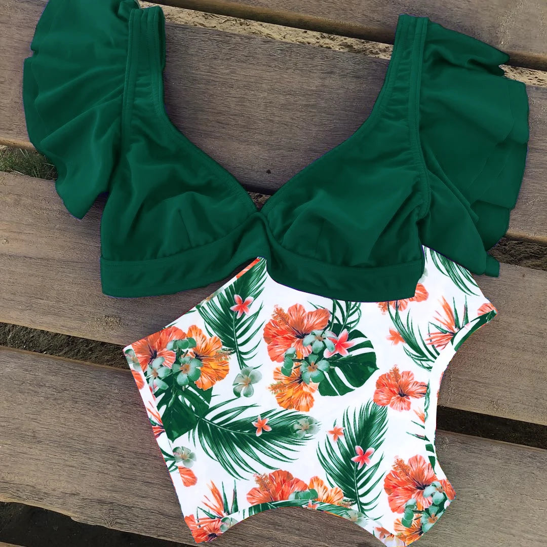 Floral Ruffled Hem Bikini Set